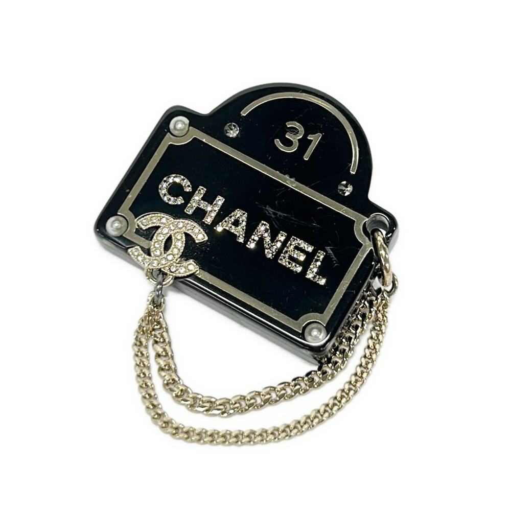 Chanel Brooch Black Gold Clear Plastic Hardware
